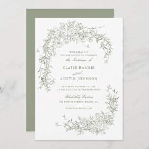Elegant Floral Roses Sage Green Wedding Monogram Invitation