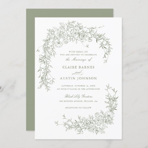 Elegant Floral Roses Sage Green Wedding Monogram  Invitation