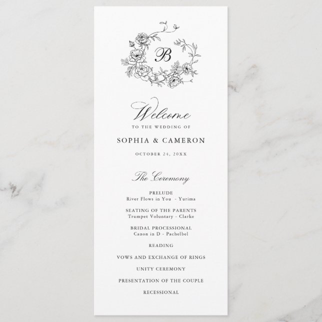 Elegant Floral Roses Wreath Monogram Wedding Program (Front)