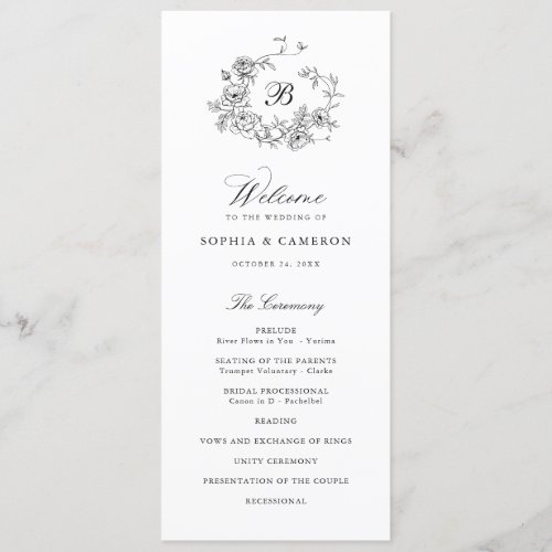 Elegant Floral Roses Wreath Monogram Wedding Program