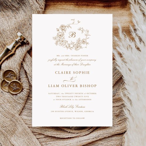 Elegant Floral Roses Wreath Wedding Gold Monogram Invitation