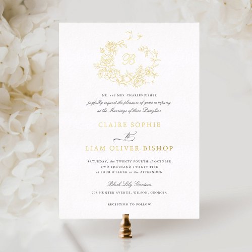 Elegant Floral Roses Wreath Wedding Monogram Gold Foil Invitation