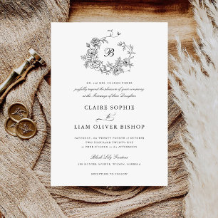 Elegant Floral Roses Wreath Wedding Monogram  Invitation