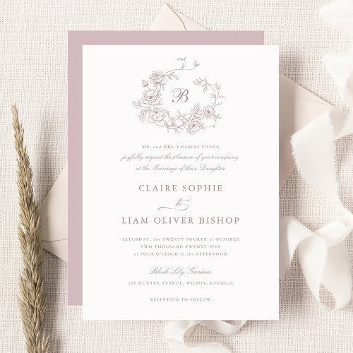 Elegant Floral Roses Wreath Wedding Monogram  Invitation