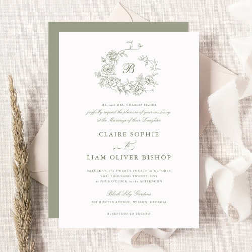 Elegant Floral Roses Wreath Wedding Sage Monogram Invitation