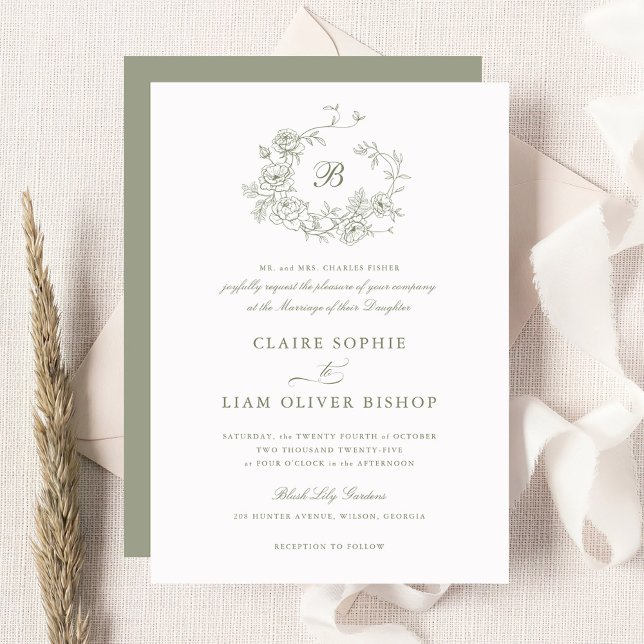 Elegant Floral Roses Wreath Wedding Sage Monogram Invitation (Creator Uploaded)