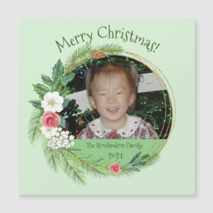 Elegant Floral Round Photo Christmas Magnetic Card