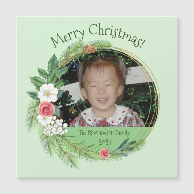 Elegant Floral Round Photo Christmas Magnetic Card (Front)