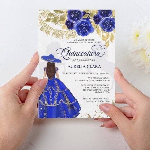 Elegant Floral Royal Blue Horse Quinceaera Invitation