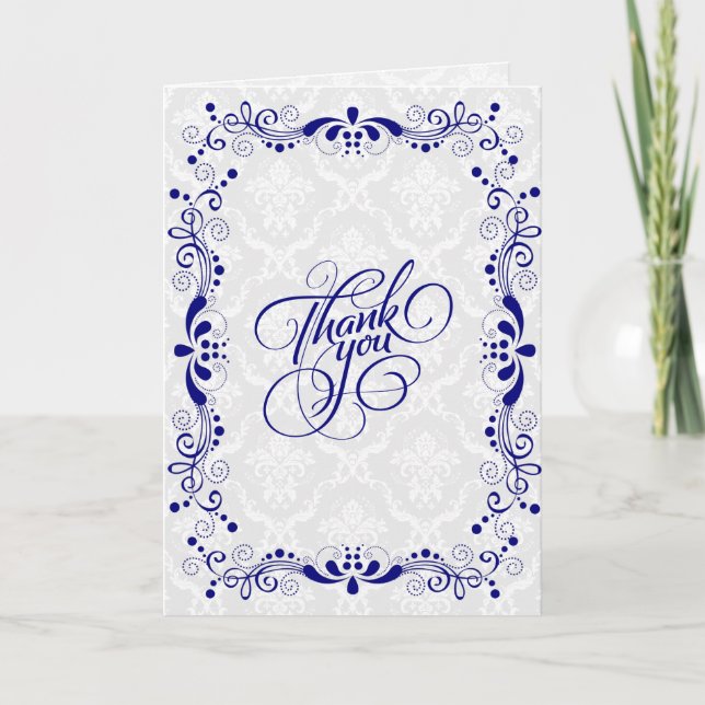 Elegant Floral Royal Blue Lace With White Damasks Thank You Card (Front)