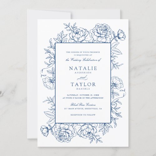 Elegant Floral Royal Blue Roses Frame Wedding Invitation
