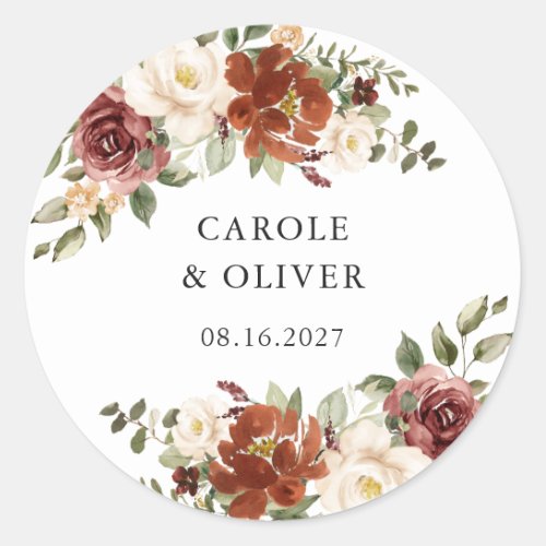 Elegant Floral Rust Burgundy Wedding Classic Round Sticker