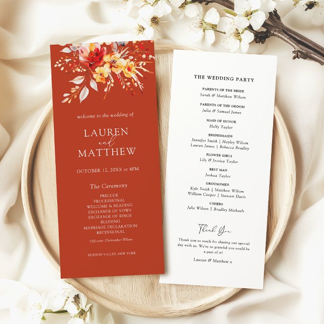 Elegant Floral Rust Orange Fall Wedding Program (Elegant boho rust orange floral fall wedding program)
