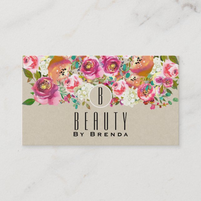 Elegant Floral Rustic Chic Kraft Glam Custom Business Card (Front)