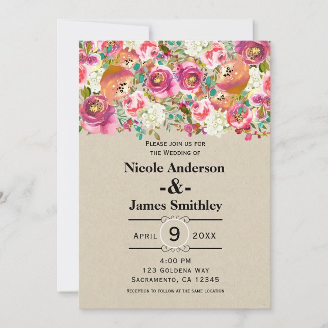 Elegant Floral Rustic Chic Kraft Monogram Wedding Invitation (Front)