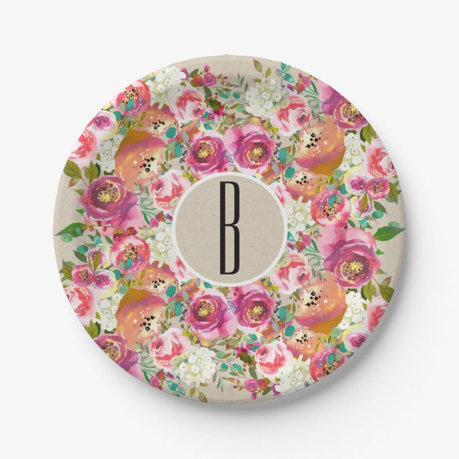 Elegant Floral Rustic Chic Kraft Monogram Wedding Paper Plates (Front)