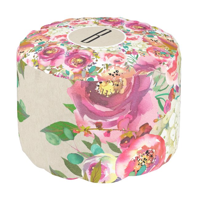 Elegant Floral Rustic Kraft Monogram Shabby Chic Pouf (Angled Back)