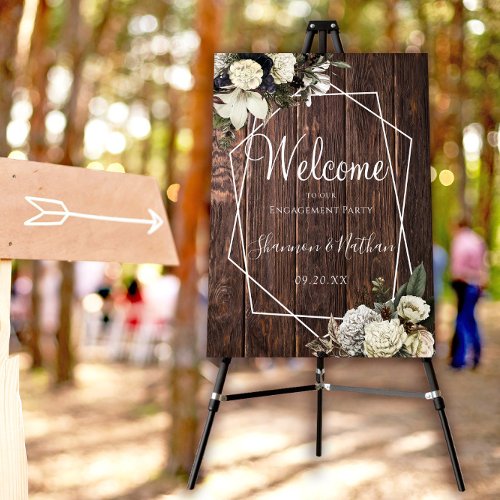 Elegant Floral Rustic Wood Engagement Welcome Sign