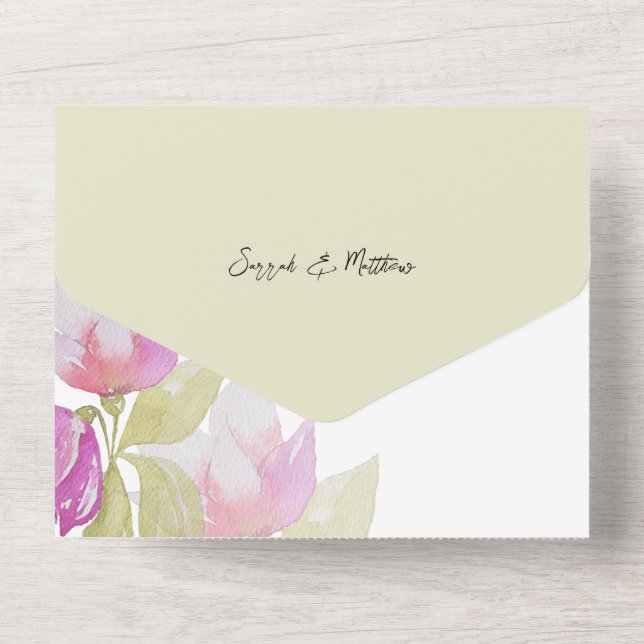 Elegant Floral Sage Green And Pink All In One Invitation (Back)