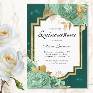 Elegant Floral Sage Green Emerald Quinceanera Invitation