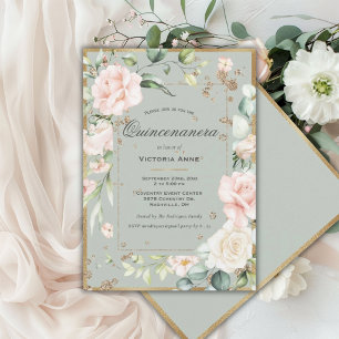Elegant Floral Sage Green Gold Quinceanera Invitation