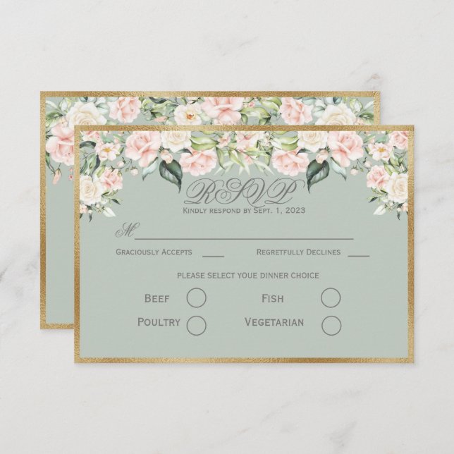 Elegant Floral Sage Green Gold Script Wedding RSVP (Front/Back)