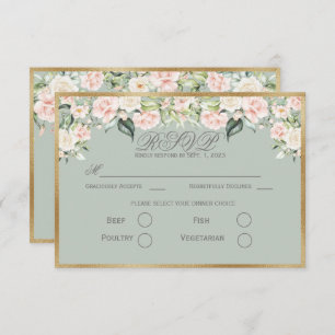 Elegant Floral Sage Green Gold Script Wedding RSVP