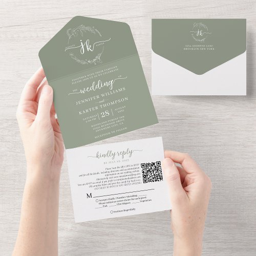 Elegant Floral Sage Green Monogram QR Code Wedding All In One Invitation