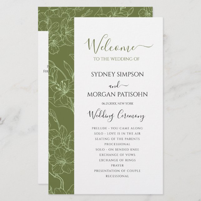 Elegant Floral Sage Green Wedding Ceremony Program (Front/Back)