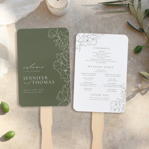 Elegant floral sage green wedding program hand fan