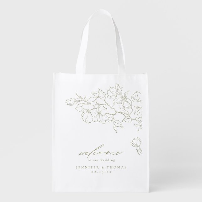 Elegant Floral sage green Welcome Wedding Favor Grocery Bag (Front)