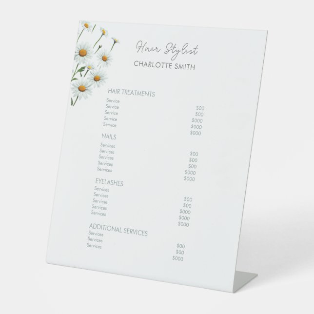 Elegant Floral | Salon Price List Service Menu Pedestal Sign (Front)