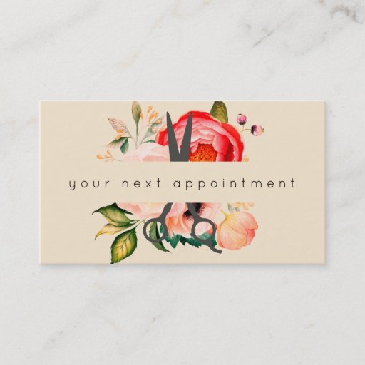 Customizable Elegant Floral Salon Scissors Logo Appointment Business Card