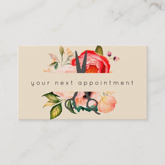 Elegant Floral Salon Scissors Logo Appointment Business Card (Front)