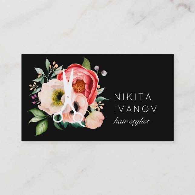 Elegant Floral Salon Scissors Logo Appointment Business Card (Front)