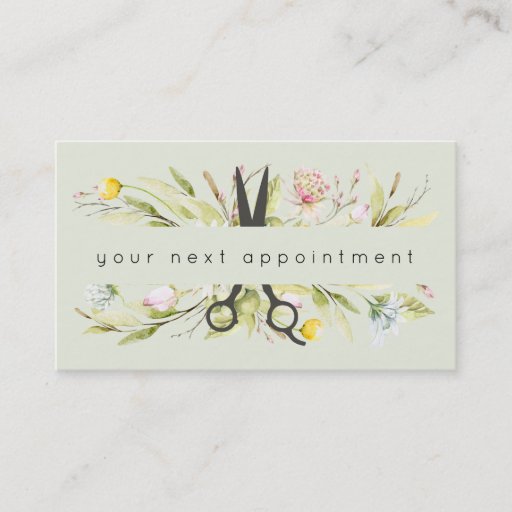 Customizable Elegant Floral Salon Scissors Logo Appointment Business Card