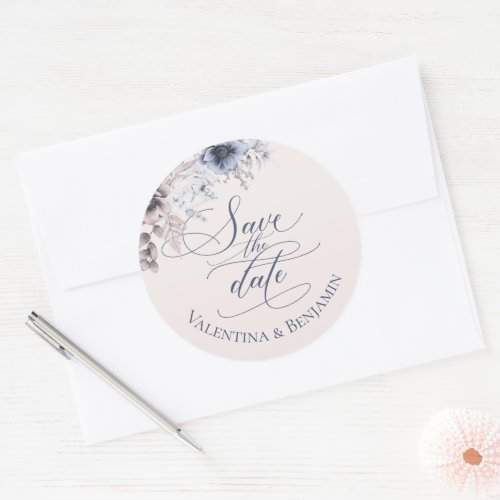 Elegant floral Save the Date Dusty blue beige Classic Round Sticker