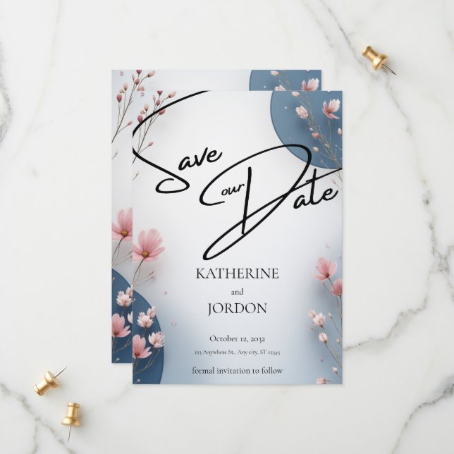 Elegant Floral Save the Date Wedding Card  (Front/Back In Situ)