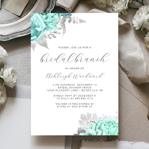 Elegant Floral Script Aqua Silver Bridal Brunch Invitation