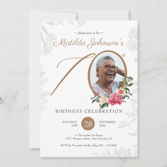 Elegant Floral Script Custom Photo 70th Birthday  Invitation (Front)