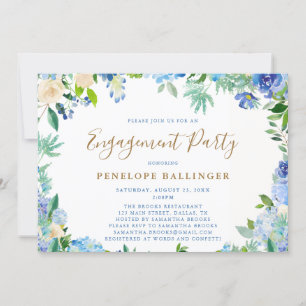 Elegant Floral Script Dusty Blue Engagement Party Invitation