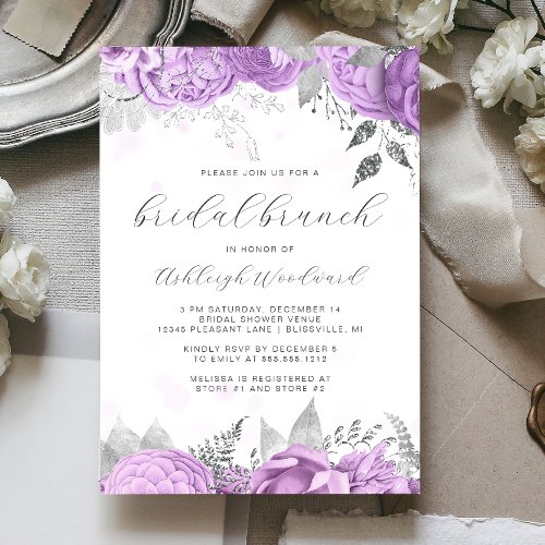 Elegant Floral Script Lilac Silver Bridal Brunch Invitation