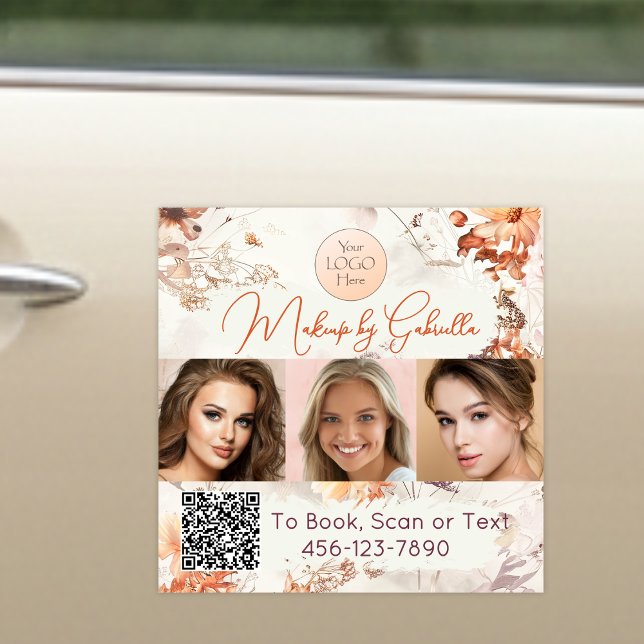 Elegant Floral Script Logo QR Code Photo Makeup Car Magnet (Creator Uploaded)