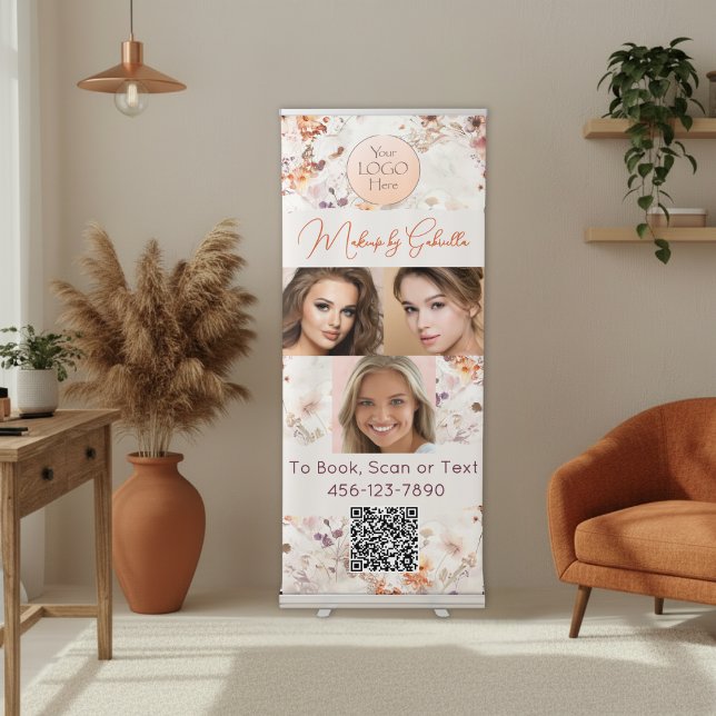 Elegant Floral Script Logo QR Code Photo Makeup Retractable Banner (Creator Uploaded)