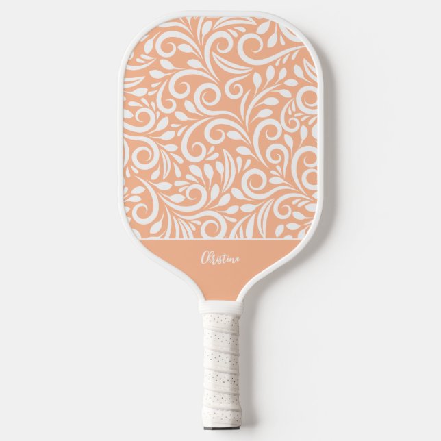 Elegant Floral Script Name Peach White  Pickleball Paddle (Front)