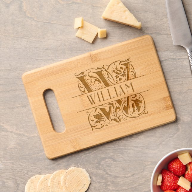 Elegant Floral Script Personalized W Monogram Name Engraved Cutting Board (Cheese)