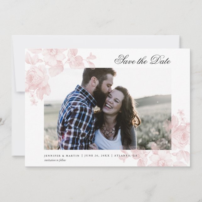 Elegant Floral Script Photo Wedding Save The Date (Front)