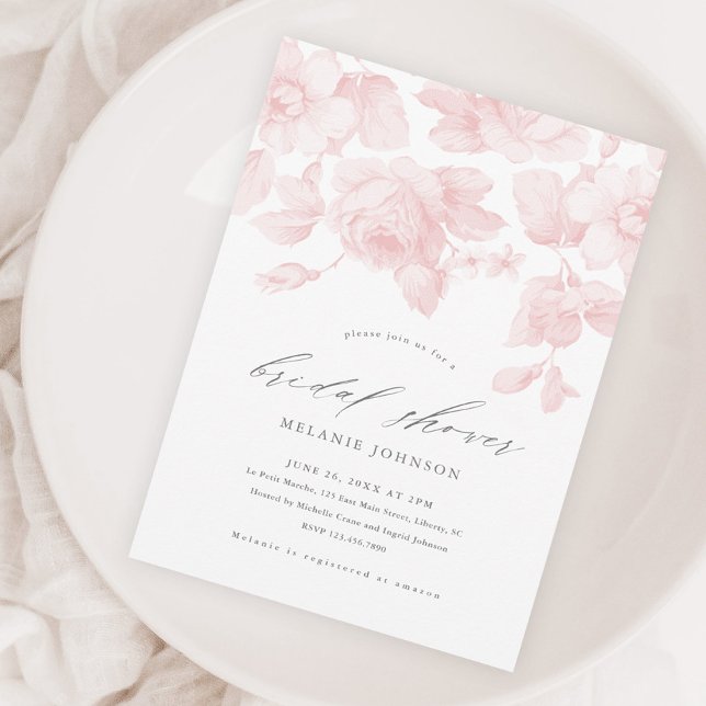 Elegant Floral Script Pink Bridal Shower Invitation (Elegant pink floral rose bridal shower invitation.)