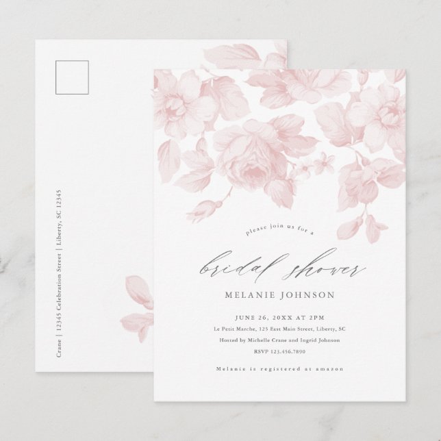 Elegant Floral Script Pink Bridal Shower Invitation Postcard (Front/Back)