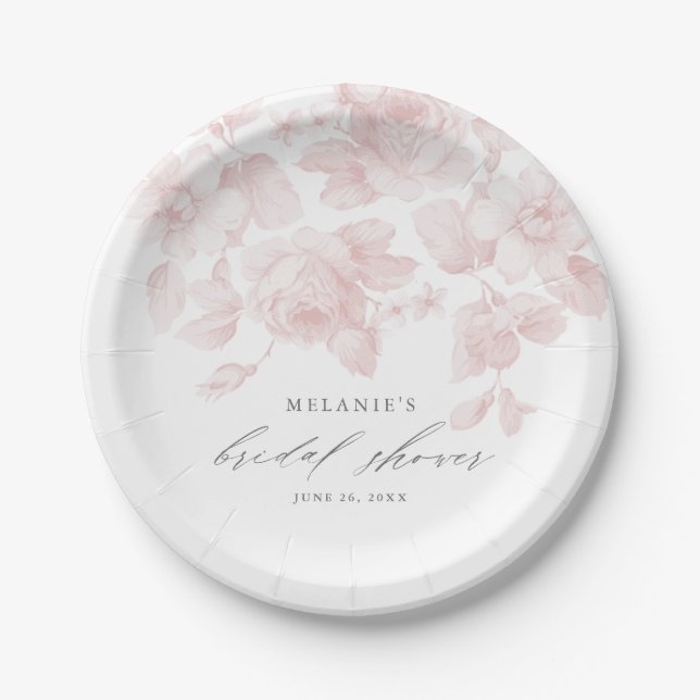 Elegant Floral Script Pink Bridal Shower Paper Plates (Front)
